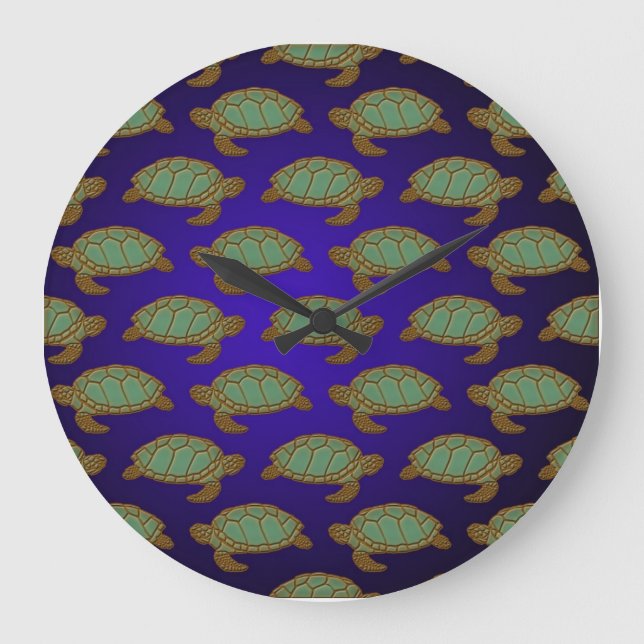 Green Sea Turtle Pattern on Blue Large Clock (Front)