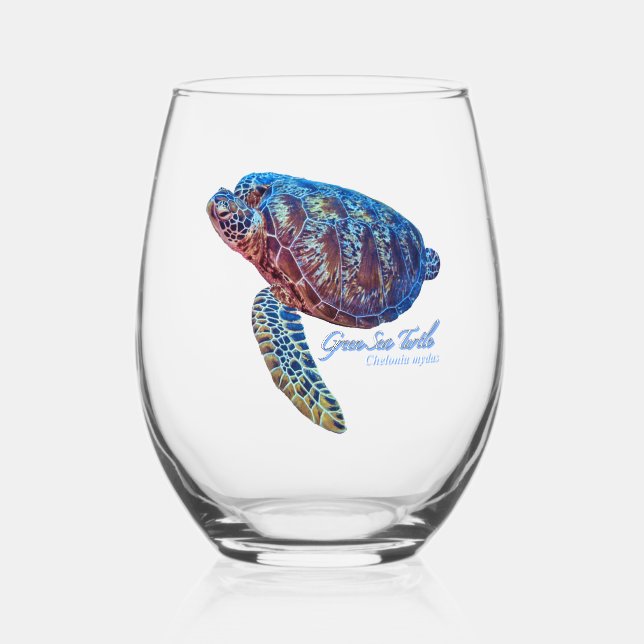 Green Sea Turtle Stemless Wine Glass (Front)