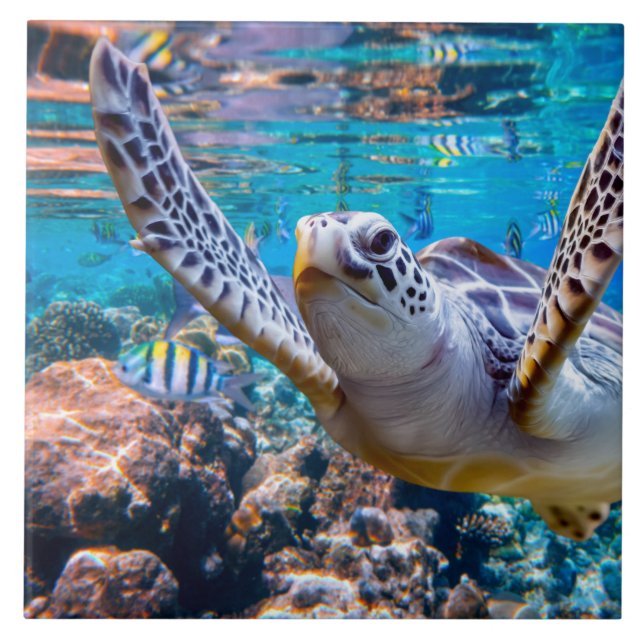 Green Sea Turtle Swimming Over Coral Reef |Hawaii Ceramic Tile (Front)