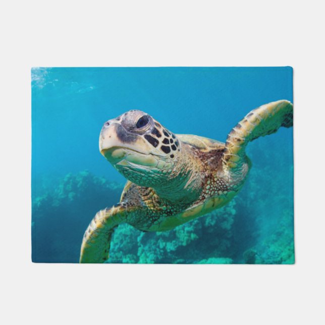 Green Sea Turtle Swimming Over Coral Reef |Hawaii Doormat (Front)