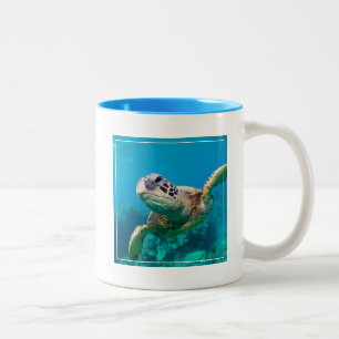 Green Sea Turtle Swimming Over Coral Reef Hawaii Two-Tone Coffee Mug