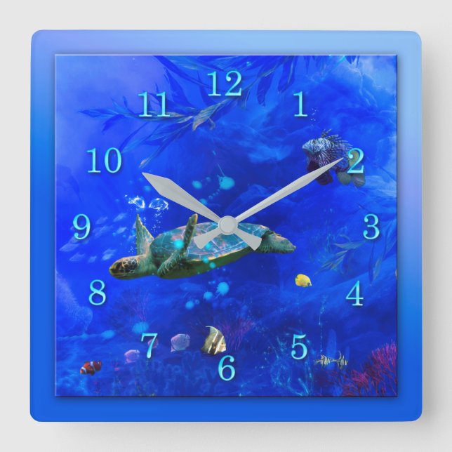 Green Sea Turtle WIND ON THE WATER Square Wall Clock (Front)