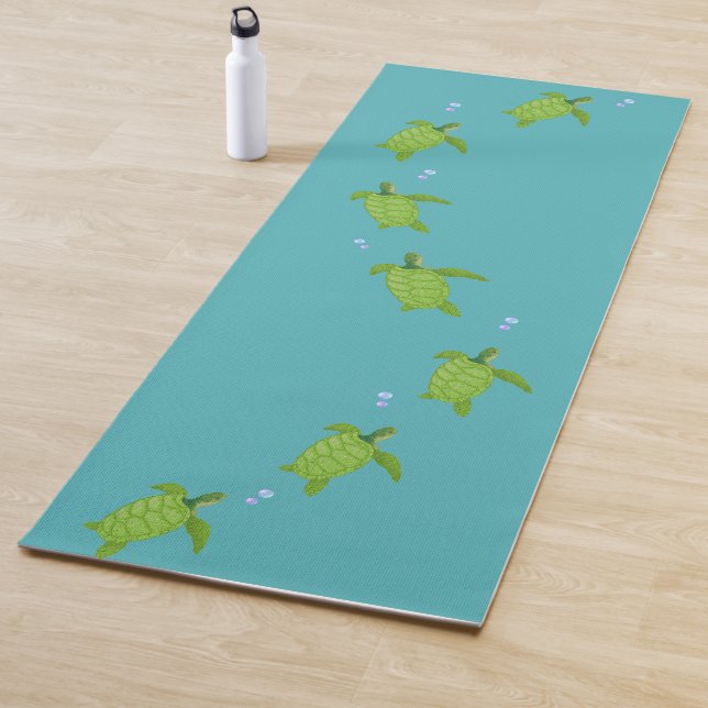 Green Sea Turtles on Teal Turquoise Yoga Mat (In Situ)