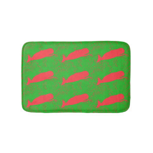 green sea with swimming red whales bath mat