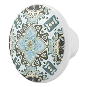 Green Seafoam Teal Turquoise Blue Ethnic Tribe Art Ceramic Knob