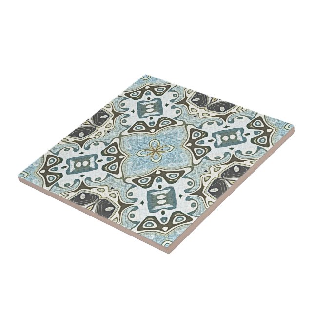 Green Seafoam Teal Turquoise Blue Ethnic Tribe Art Ceramic Tile (Side)