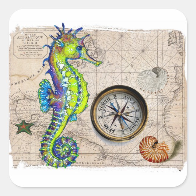 Green Seahorse Compass Square Sticker (Front)