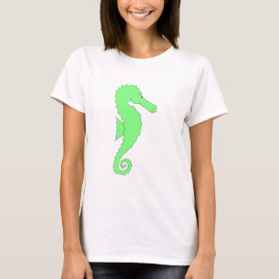 Green Seahorse on White T-Shirt