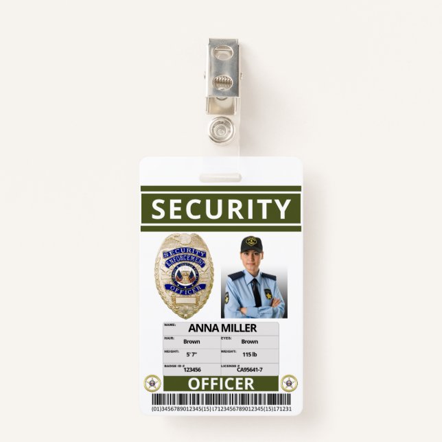 Green Security Guard Create Your Own Employee ID Badge (Front with Clip)