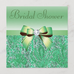Green Sequins, Bow & Diamond Bridal Shower Invitation