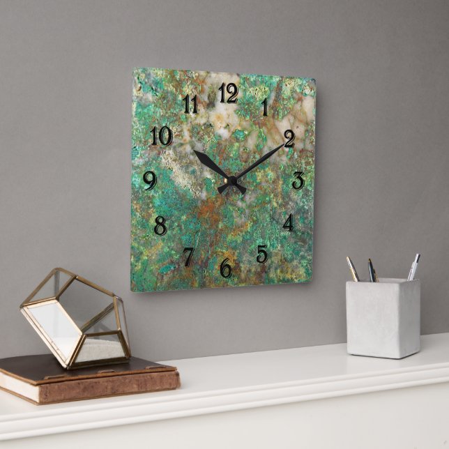 Green Serpentine/Chrysocolla Mineral Stone Square Wall Clock (Office)