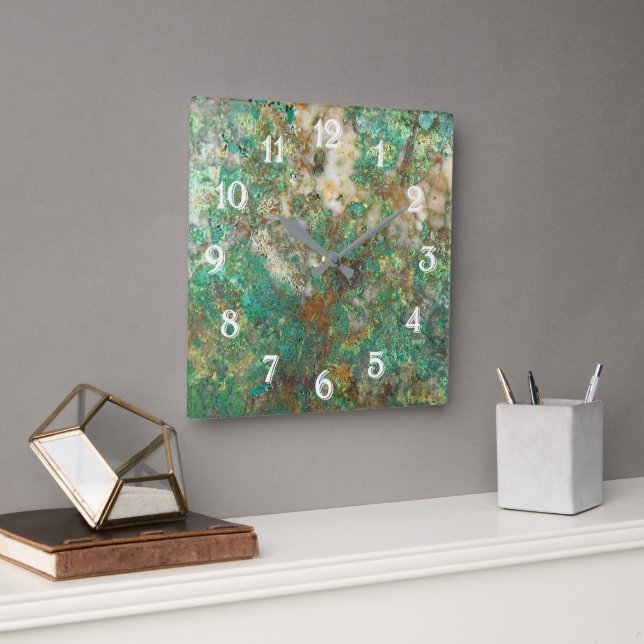 Green Serpentine/Chrysocolla Mineral Stone Square Wall Clock (Office)