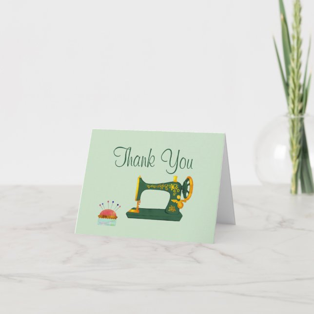 Green Sewing Machine Thank You Note Card (Front)