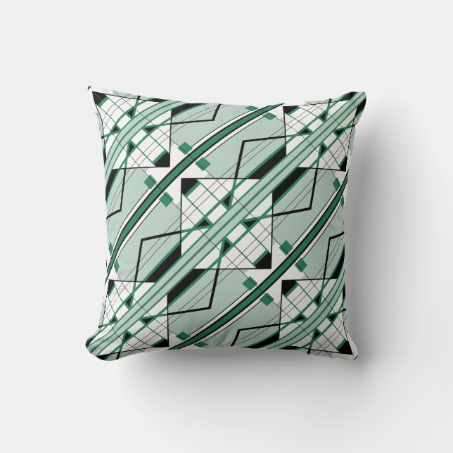 Green Shades Black White Diagonal Large Tile Motif Cushion (Front)