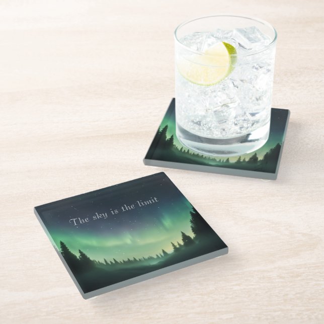 Green Shades of Northern Lights Night Sky Glass Coaster (Angled)