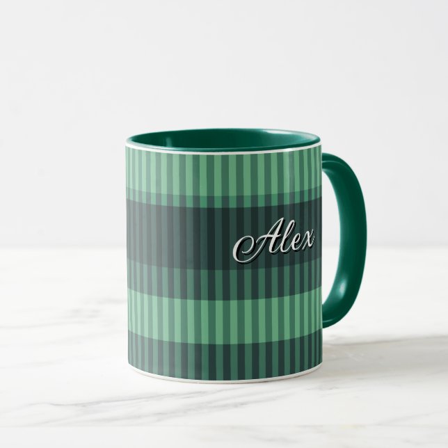 Green shades vertical striped pattern mug (Front Right)
