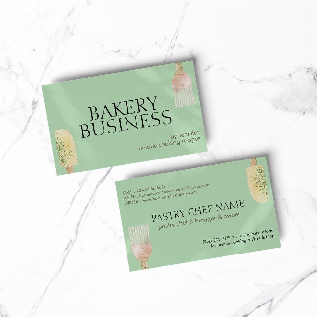 Green Shadow Soft Pastry Spoon Spatula Chef Bake Business Card (BAKERY PASTRY CHEF COOK CAKE event planner business)