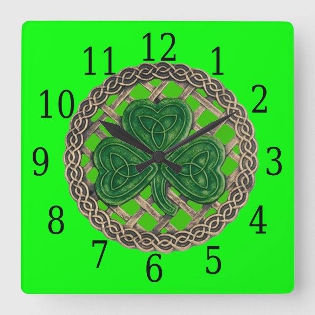 Green Shamrock And Celtic Knots Square Clock (Front)
