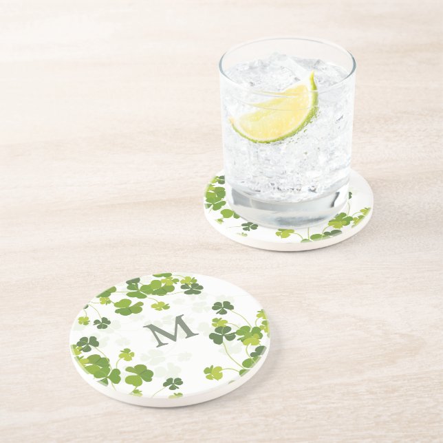 Green Shamrock bouquet monogram  St. Patrick's   Coaster (Side)
