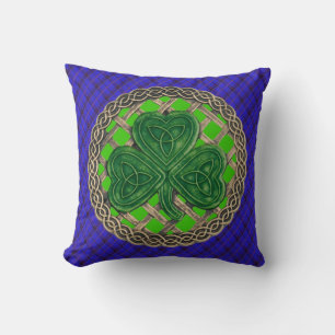 Green Shamrock Celtic Knots On Blue Plaid Cushion