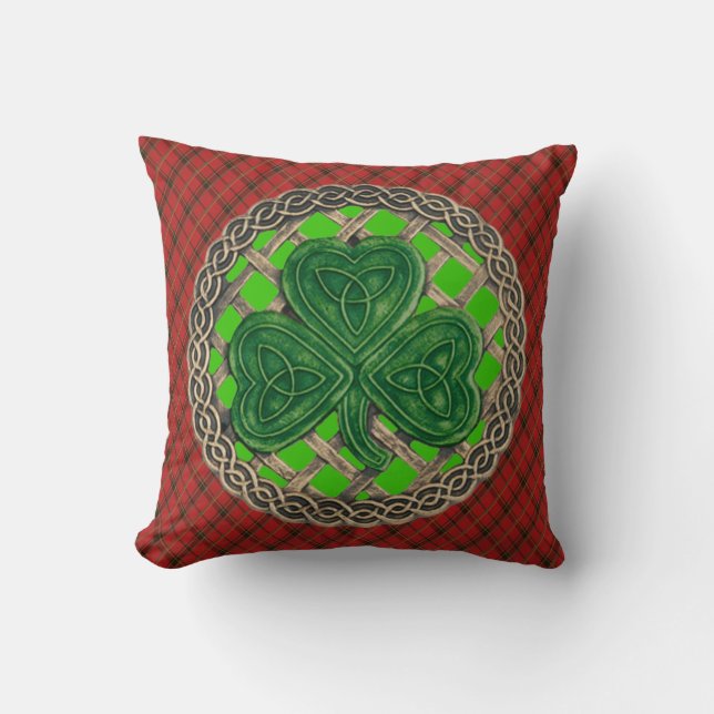 Green Shamrock Celtic Knots On Red Plaid Cushion (Front)