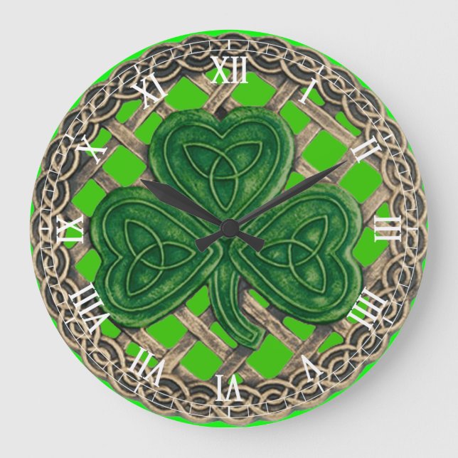 Green Shamrock & Celtic Knots Roman Numeral Clock (Front)