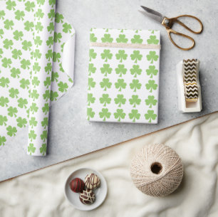 Green Shamrock Clover Polka dots pattern white Wrapping Paper
