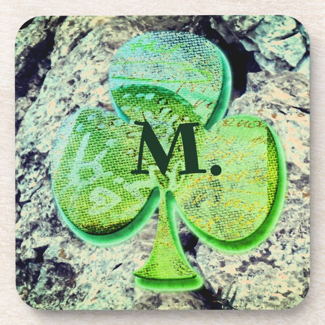 Green shamrock clover with your monogram coaster (Front)