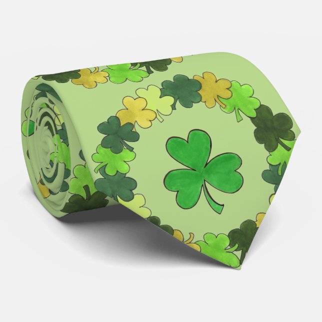 Green Shamrock Clover Wreath Irish St. Paddy's Tie (Rolled)