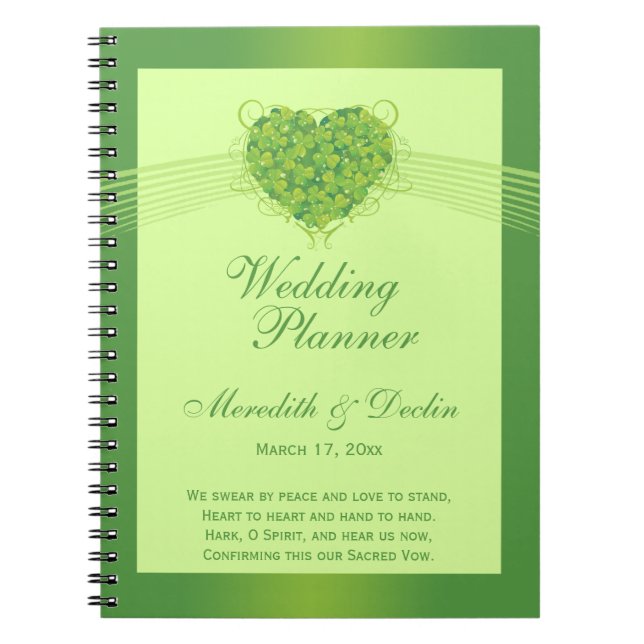 Green shamrock clovers heart wedding planner notebook (Front)