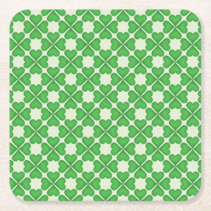Green Shamrock Four leaf Clover Hearts pattern Square Paper Coaster