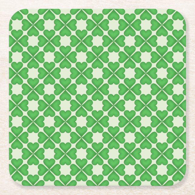 Green Shamrock Four leaf Clover Hearts pattern Square Paper Coaster (Front)