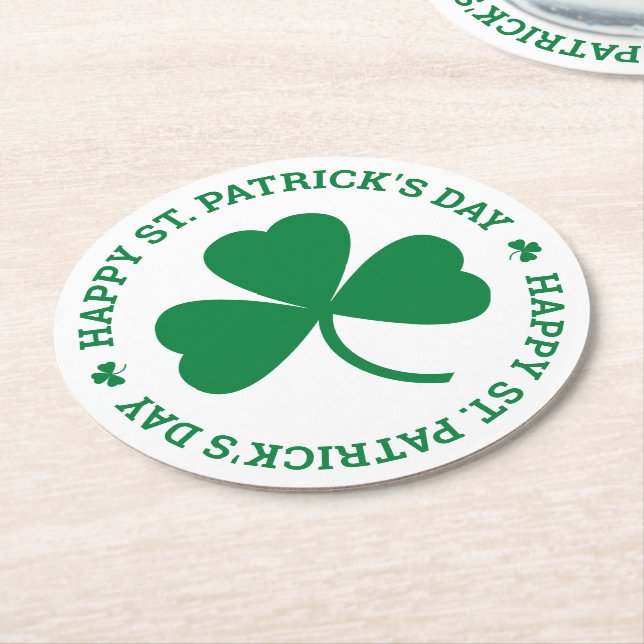 Green Shamrock Happy St. Patrick's Day Party Round Paper Coaster (Angled)
