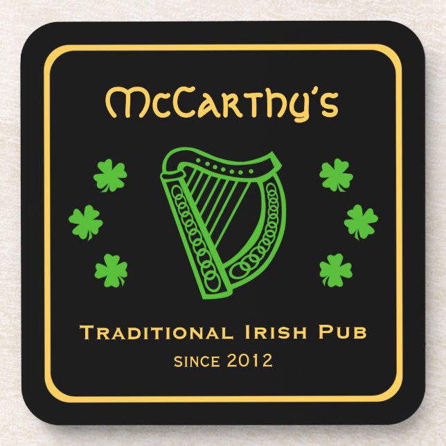 Green shamrock harp custom family name Irish pub Coaster (Front)
