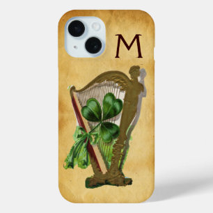 GREEN SHAMROCK HARP PARCHMENT MONOGRAM iPhone 15 CASE