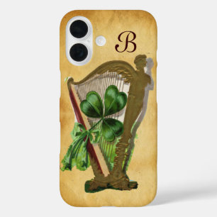 GREEN SHAMROCK HARP PARCHMENT MONOGRAM iPhone 16 CASE