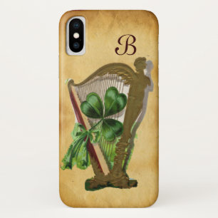 GREEN SHAMROCK HARP PARCHMENT MONOGRAM iPhone X CASE