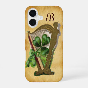 GREEN SHAMROCK HARP PARCHMENT MONOGRAM iPhone 16 CASE