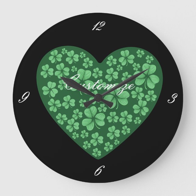 green Shamrock heart St Patrick's Day Large Clock (Front)