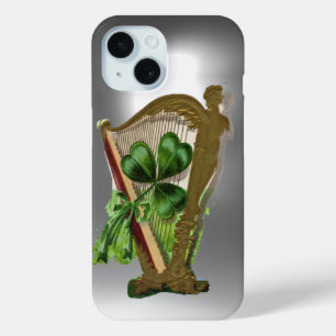 GREEN SHAMROCK IRISH HARP Grey White iPhone 15 Case