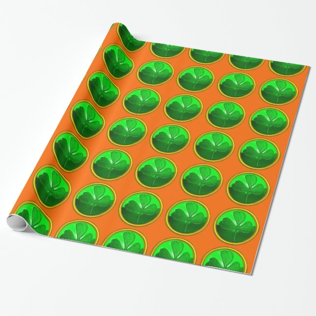GREEN SHAMROCK JEWEL Saint Patrick's Day Orange Wrapping Paper (Unrolled)