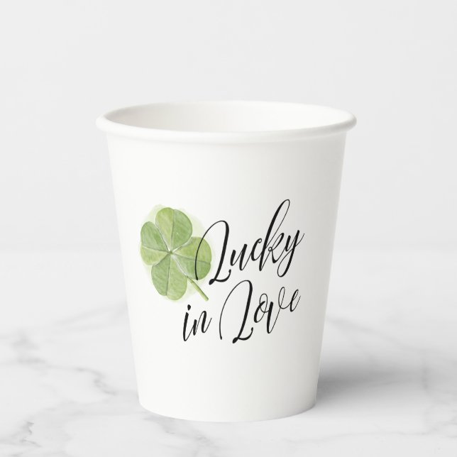 Green Shamrock Lucky in Love Bridal Shower Paper Cups (Front)