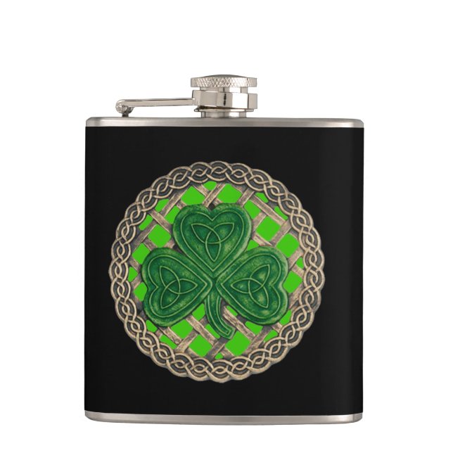 Green Shamrock On Celtic Knots Flask (Front)