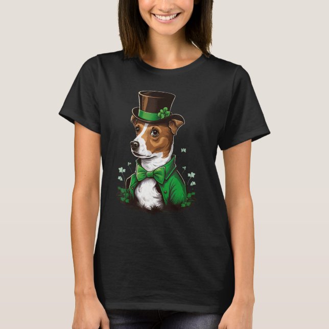 Green shamrock on St Patricks Day Jack Russell Ter T-Shirt (Front)