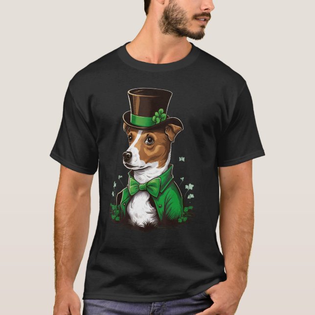 Green shamrock on St Patricks Day Jack Russell Ter T-Shirt (Front)