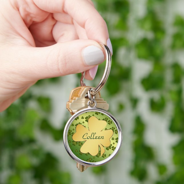 Green Shamrock Pattern Gold Key Ring (Hand)