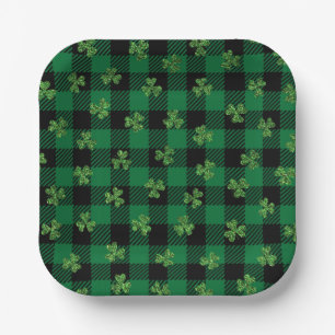 Green Shamrock Pattern on Chequered Background Paper Plate