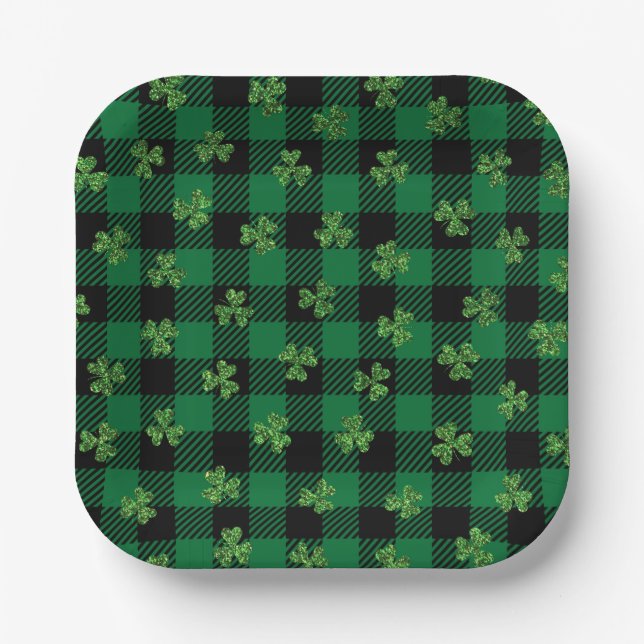 Green Shamrock Pattern on Chequered Background Paper Plate (Front)