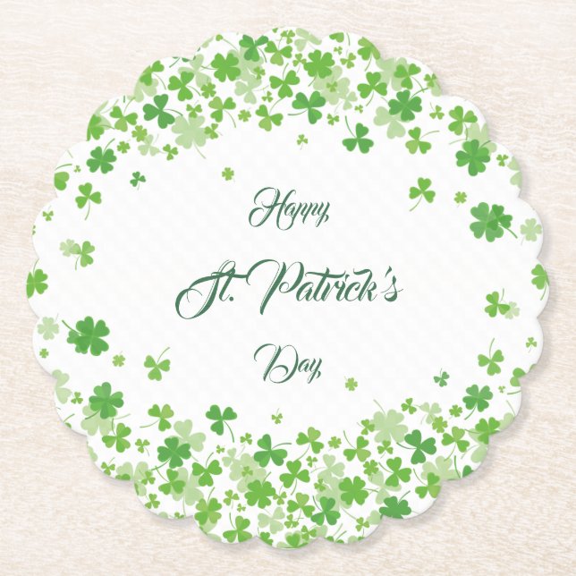Green Shamrock patterns happy St. Patrick's  Paper Coaster (Front)