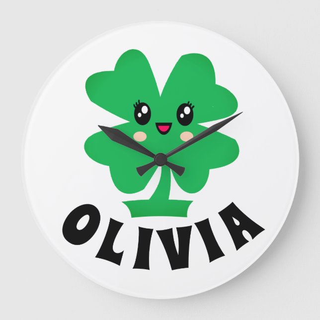 Green Shamrock Personalised Name   Large Clock (Front)